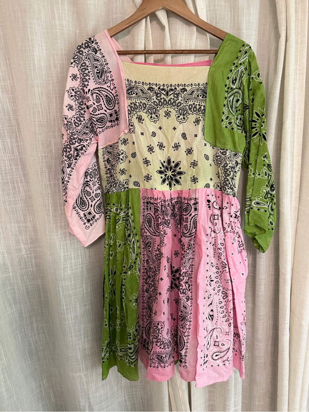 Patchwork Bandana Print Dress in Pink, Green & Cream